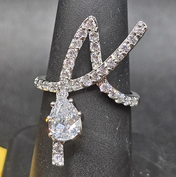 Sterling Silver 925 Rhodium Plated Entangled Letter A CZ Ring